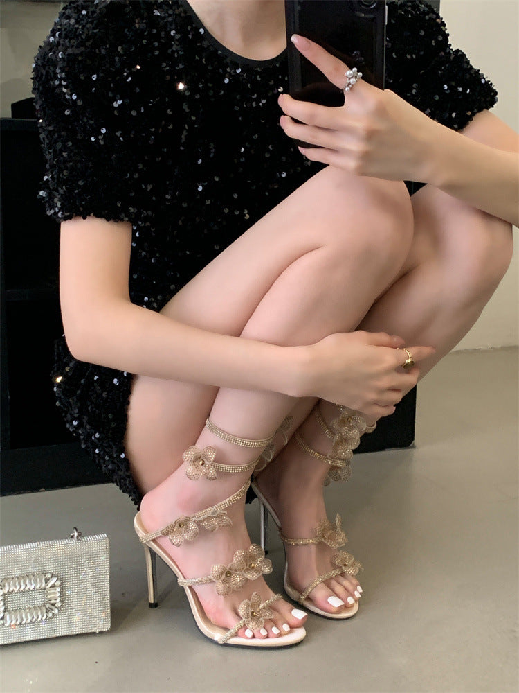 Womens Sexy Crystal Flower Lace-Up Stiletto Heels | ZAKAPOP