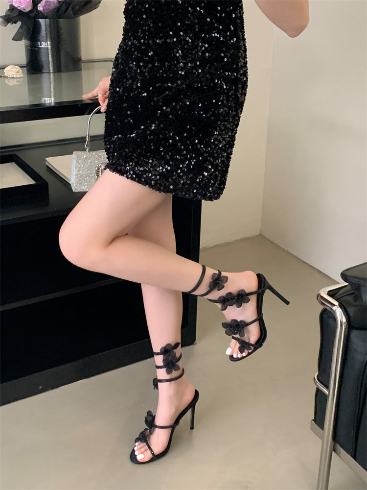 Womens Sexy Crystal Flower Lace-Up Stiletto Heels | ZAKAPOP