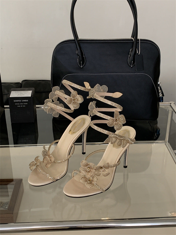 Womens Sexy Crystal Flower Lace-Up Stiletto Heels | ZAKAPOP
