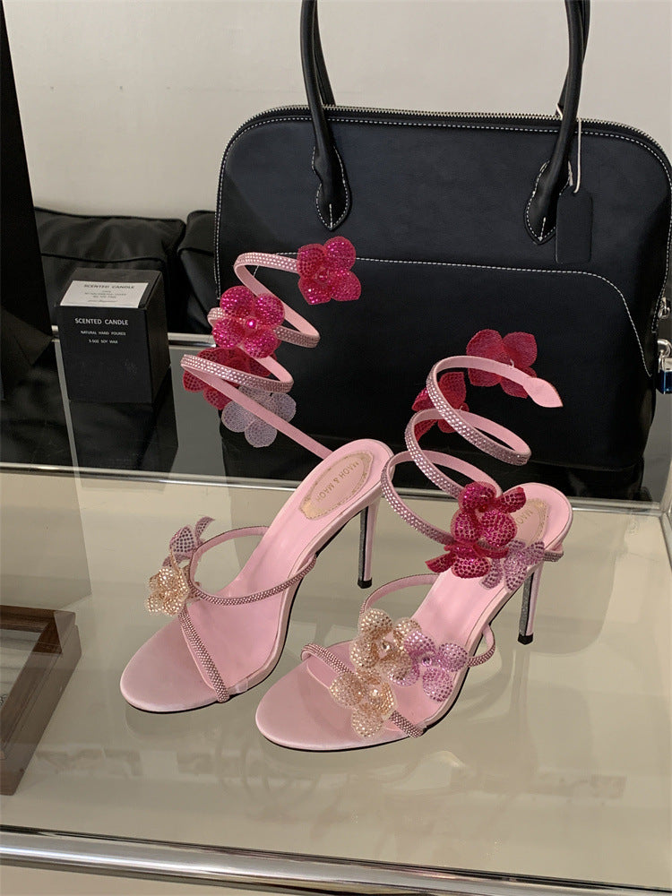Womens Sexy Crystal Flower Lace-Up Stiletto Heels | ZAKAPOP