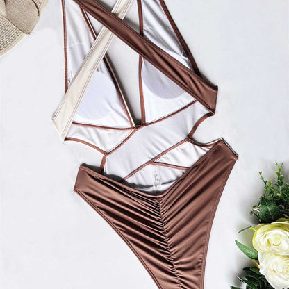 Sexy Cut Out One Piece Woman Colorblock Swimwear | ZAKAPOP