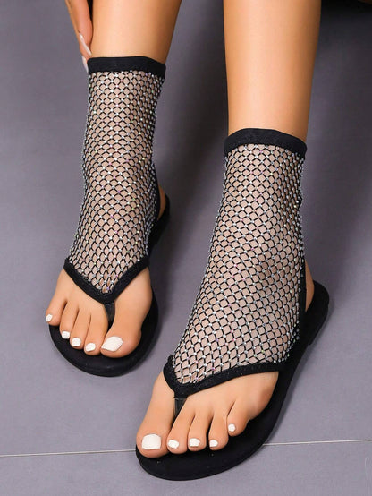 Sexy Mesh Diamond Lace Flat Sandals | ZAKAPOP