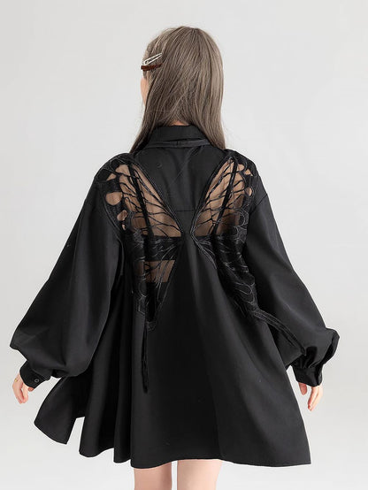Sheer Black Short-Sleeve Shirt with Intricate Butterfly Embroidery | ZAKAPOP