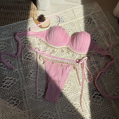 Summer Elegant Ladies Solid Textured Fabric Bikini Set | ZAKAPOP