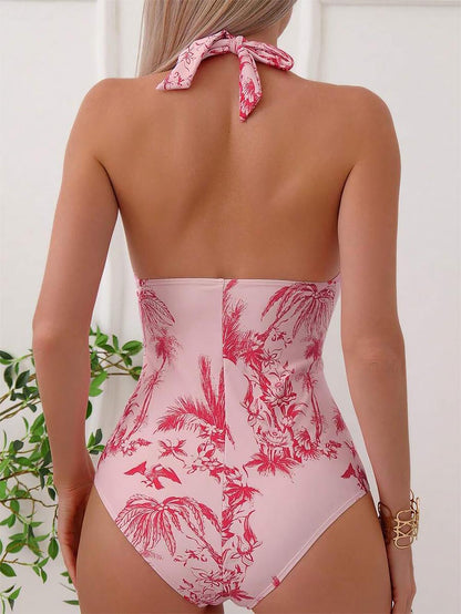 Tropical Print Halter One Piece Swimsuit | ZAKAPOP