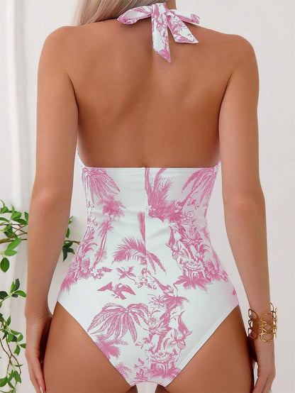 Tropical Print Halter One Piece Swimsuit | ZAKAPOP