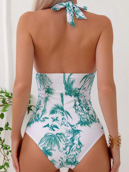 Tropical Print Halter One Piece Swimsuit | ZAKAPOP