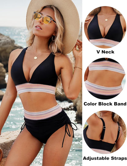 Two-Piece High-Waisted Bikini Set – Colorblock Waist Design | Plus Size Available