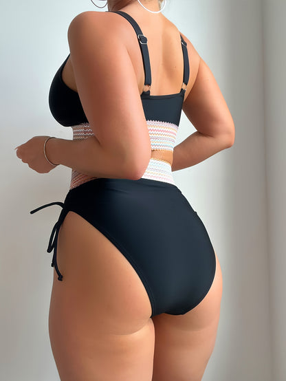 Two-Piece High-Waisted Bikini Set – Colorblock Waist Design | Plus Size Available