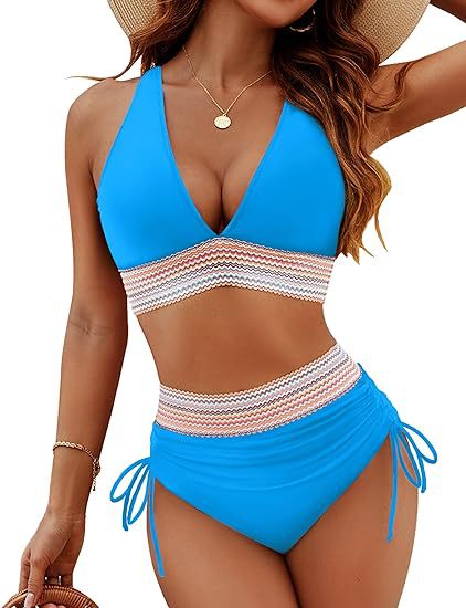 Two-Piece High-Waisted Bikini Set – Colorblock Waist Design | Plus Size Available