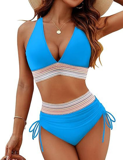 Two-Piece High-Waisted Bikini Set – Colorblock Waist Design | Plus Size Available