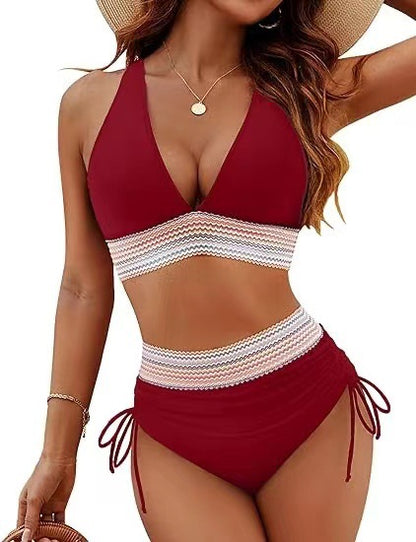 Two-Piece High-Waisted Bikini Set – Colorblock Waist Design | Plus Size Available
