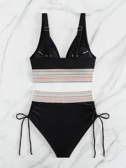 Two-Piece High-Waisted Bikini Set – Colorblock Waist Design | Plus Size Available