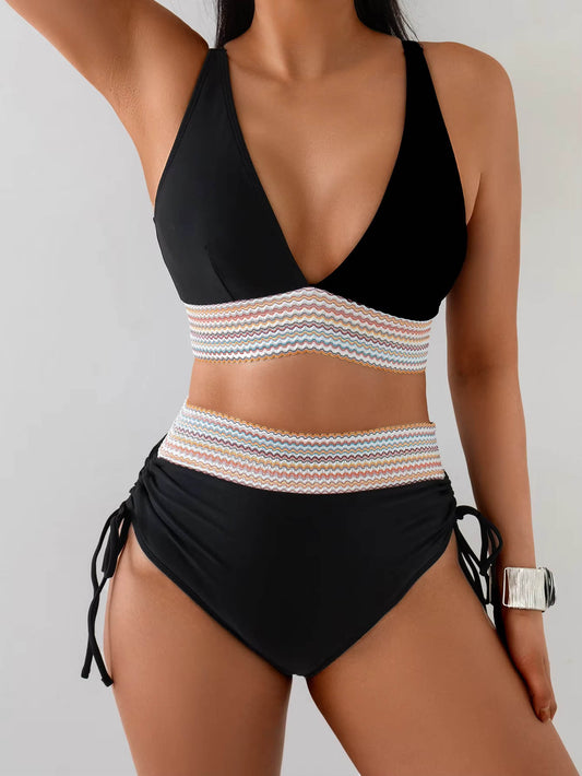 Two-Piece High-Waisted Bikini Set – Colorblock Waist Design | Plus Size Available