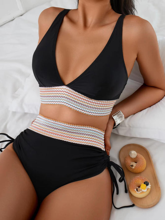 Two-Piece High-Waisted Bikini Set – Colorblock Waist Design | Plus Size Available