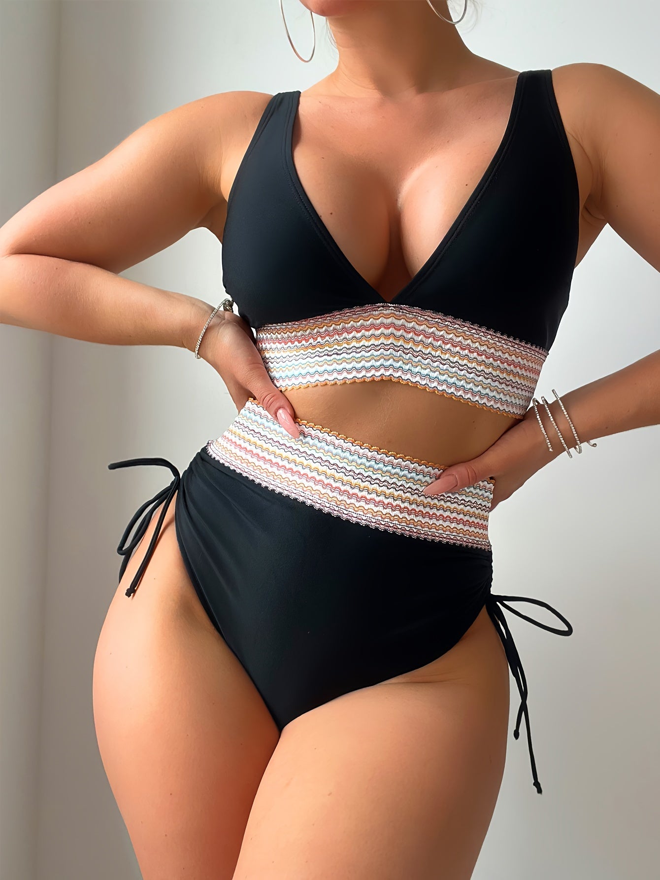 Two-Piece High-Waisted Bikini Set – Colorblock Waist Design | Plus Size Available