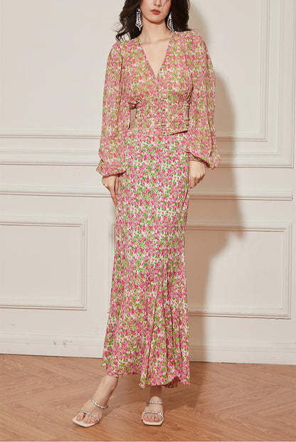 V-Neck Balloon Sleeve Pink Floral Skirt Set | ZAKAPOP