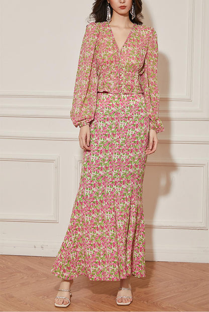 V-Neck Balloon Sleeve Pink Floral Skirt Set | ZAKAPOP
