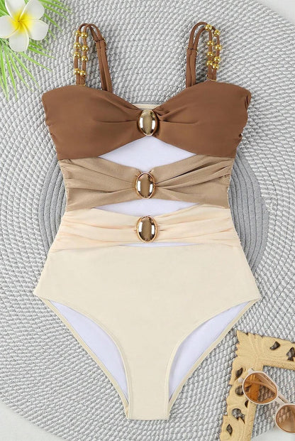 Women One Piece Color Block Cutout Padded Swimsuit Set | ZAKAPOP