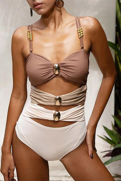 Women One Piece Color Block Cutout Padded Swimsuit Set | ZAKAPOP