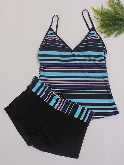 Women Printed Striped Split 2 Pieces Swimsuit | ZAKAPOP