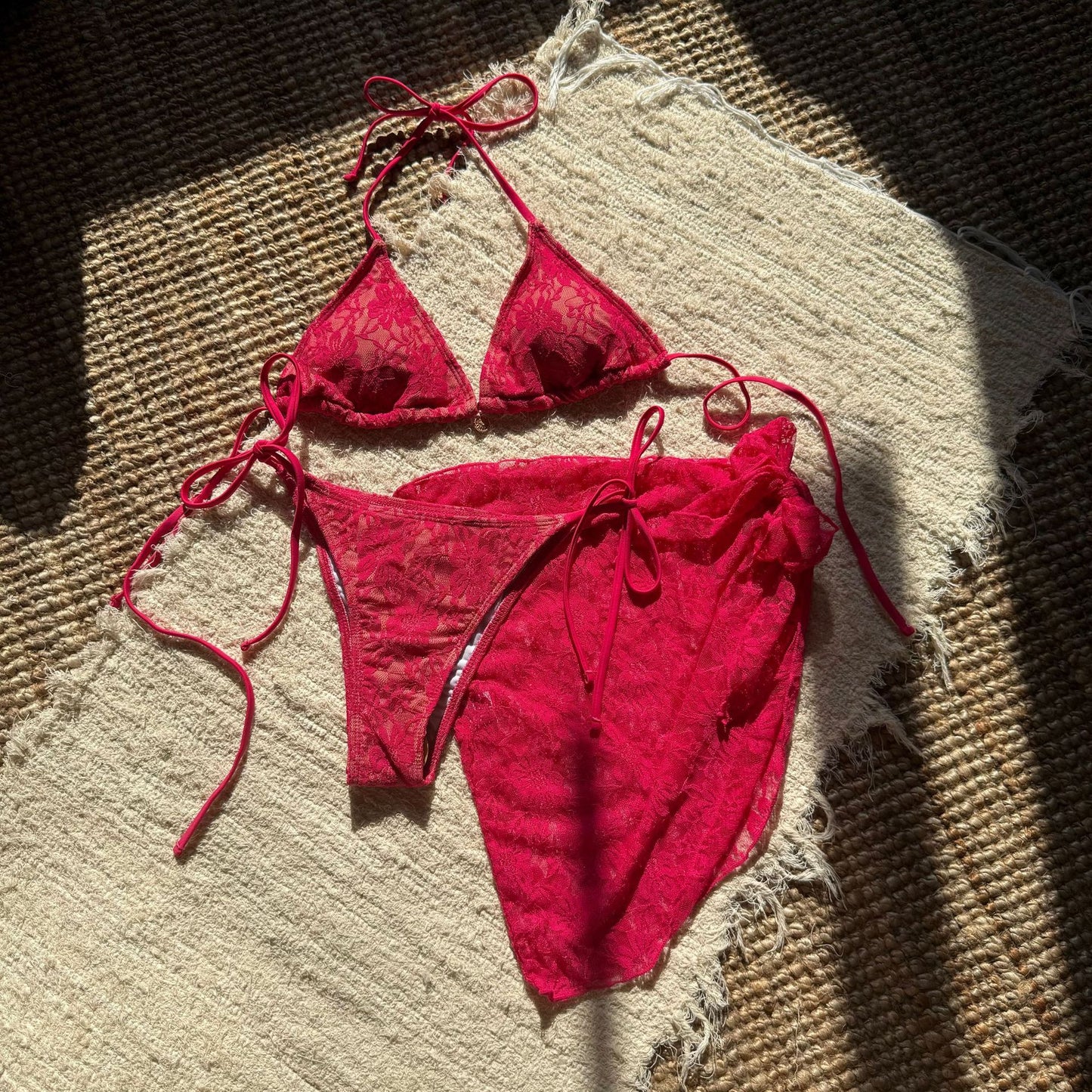 Women Sexy Lace Three-Piece Bikini Swimwear with Sarong | ZAKAPOP
