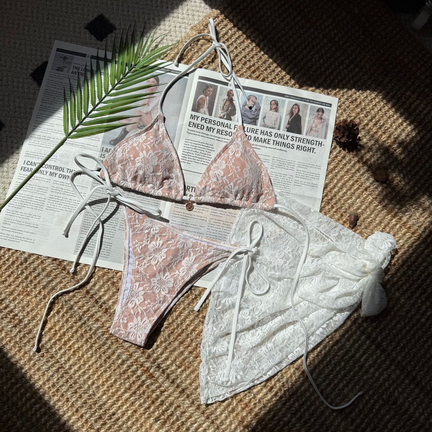 Women Sexy Lace Three-Piece Bikini Swimwear with Sarong | ZAKAPOP