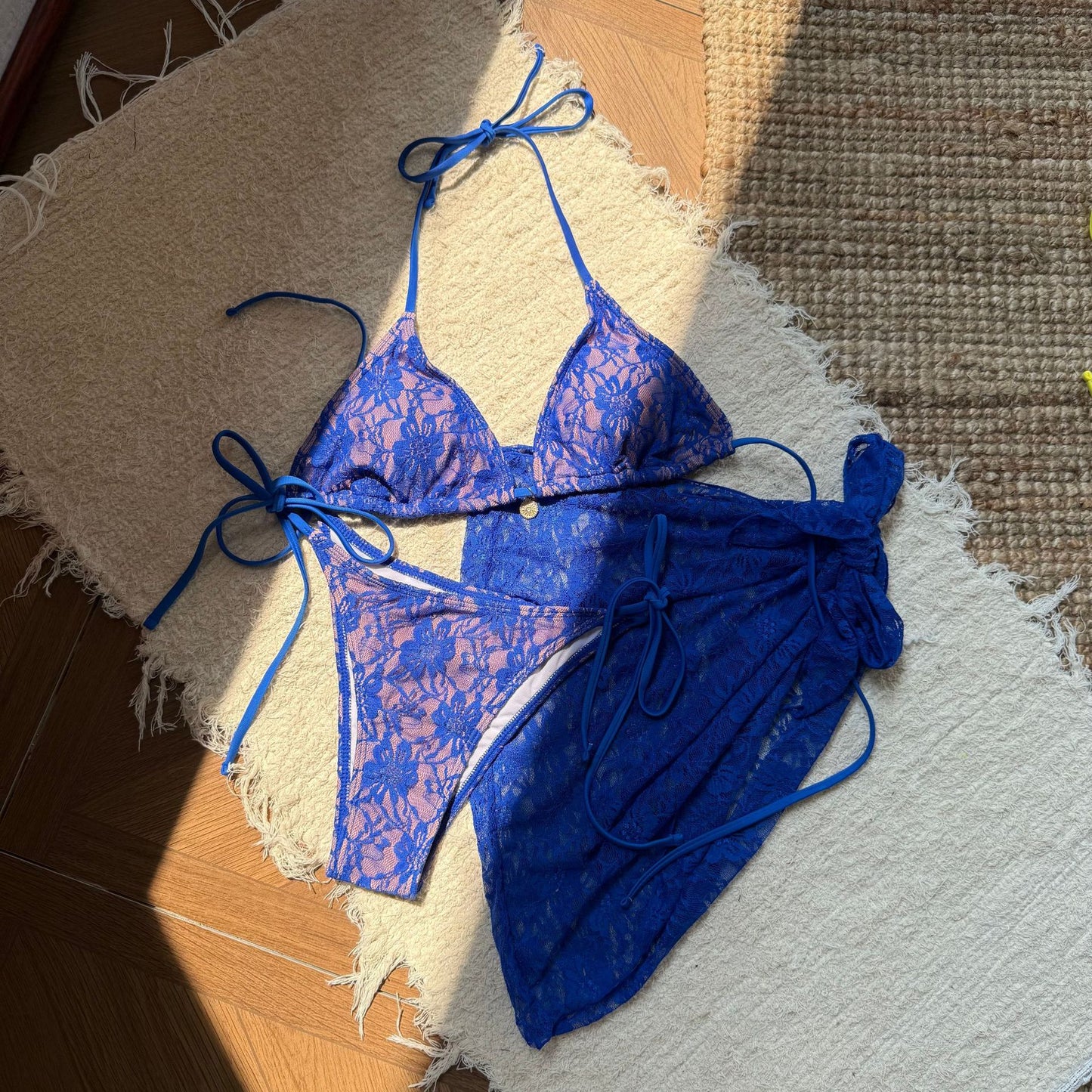 Women Sexy Lace Three-Piece Bikini Swimwear with Sarong | ZAKAPOP