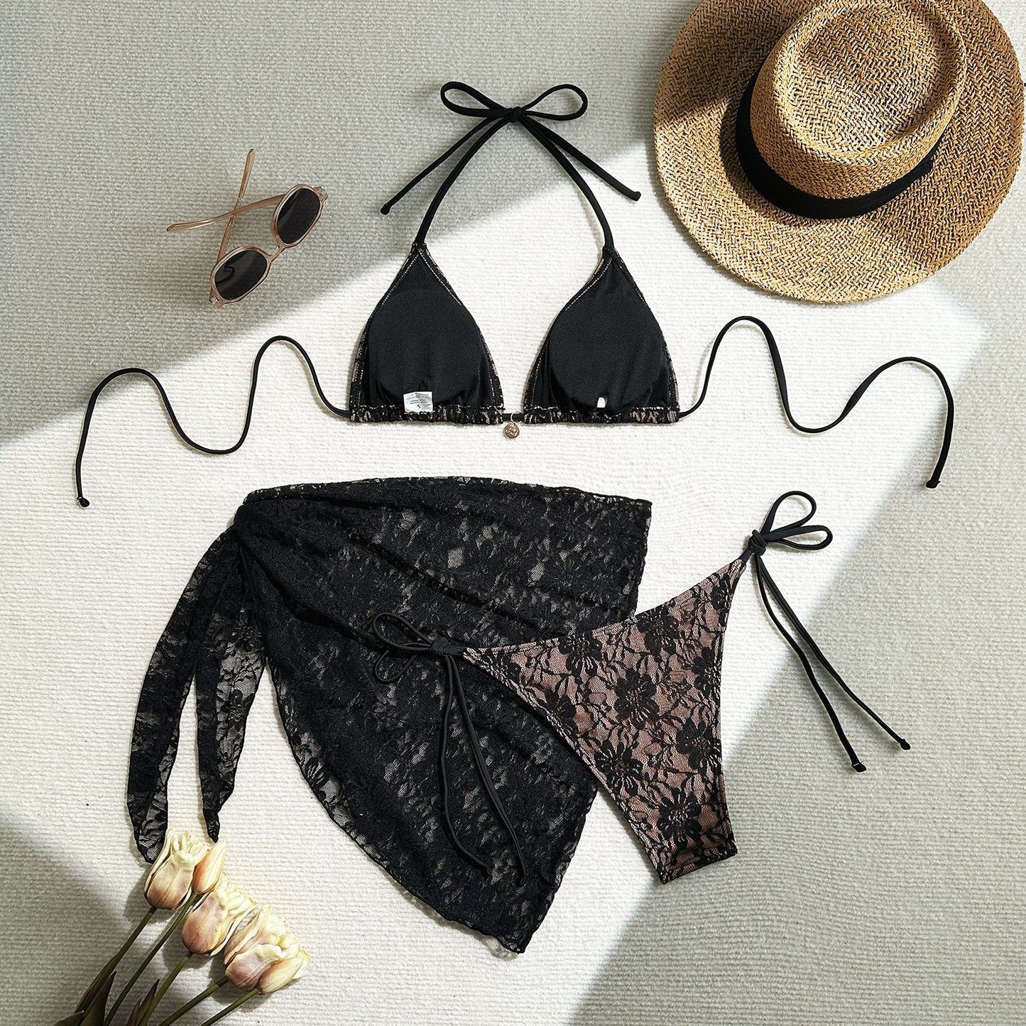 Women Sexy Lace Three-Piece Bikini Swimwear with Sarong | ZAKAPOP