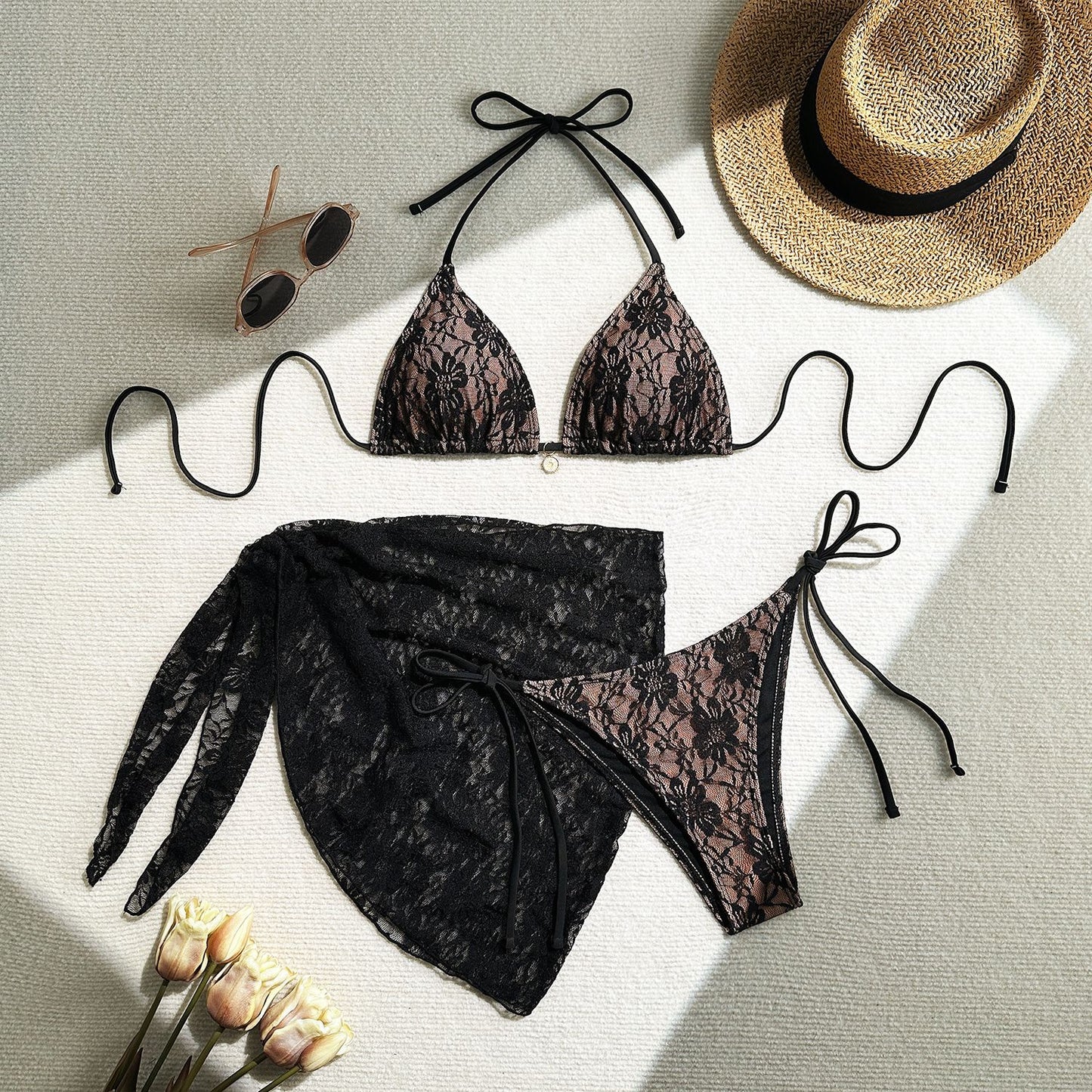 Women Sexy Lace Three-Piece Bikini Swimwear with Sarong | ZAKAPOP