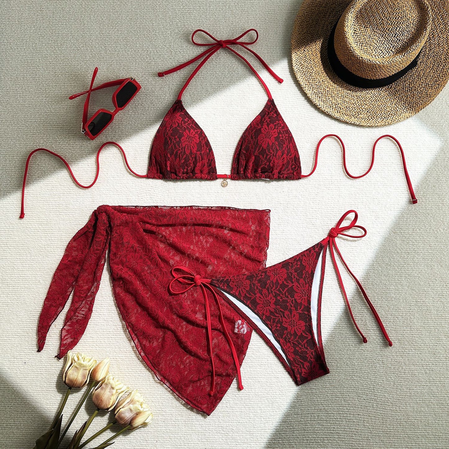 Women Sexy Lace Three-Piece Bikini Swimwear with Sarong | ZAKAPOP