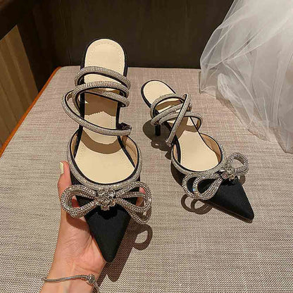 Women's Double Bow Pointed Toe Ankle Strap Heels | ZAKAPOP