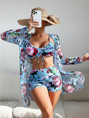 Women's Floral Print Three-Piece Set Swimsuit with Long-Sleeve Hoodie | ZAKAPOP