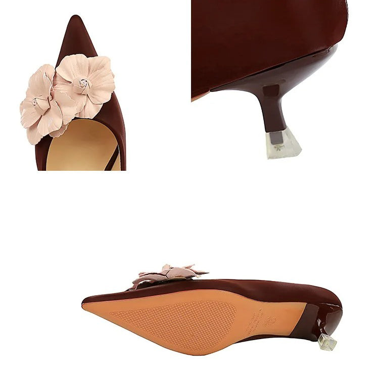Women's French Vintage Lambskin Floral Pointed-Toe Stiletto Pumps | ZAKAPOP
