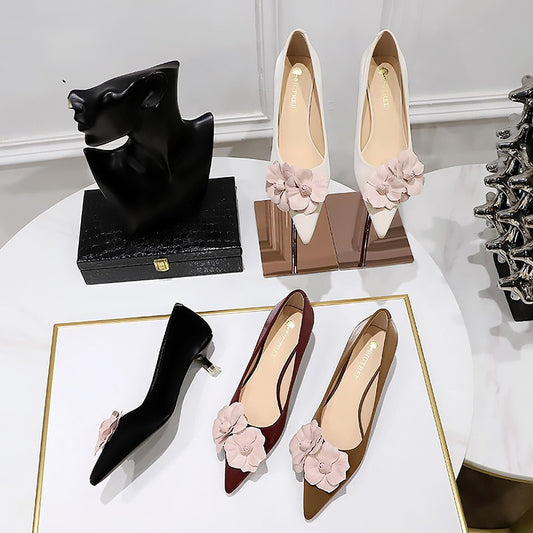 Women's French Vintage Lambskin Floral Pointed-Toe Stiletto Pumps | ZAKAPOP