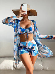 Women's Geometric Print Three-Piece Set Swimsuit with Long-Sleeve Hoodie | ZAKAPOP
