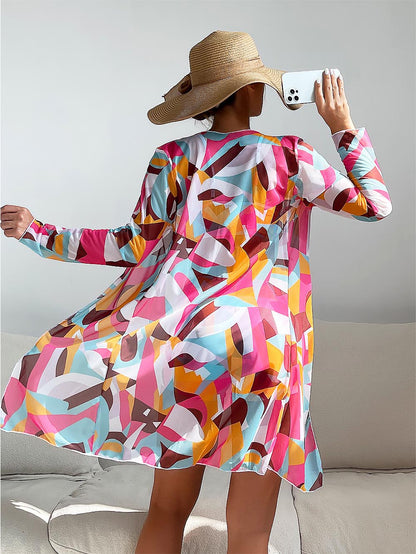 Women's Geometric Print Three-Piece Set Swimsuit with Long-Sleeve Hoodie | ZAKAPOP