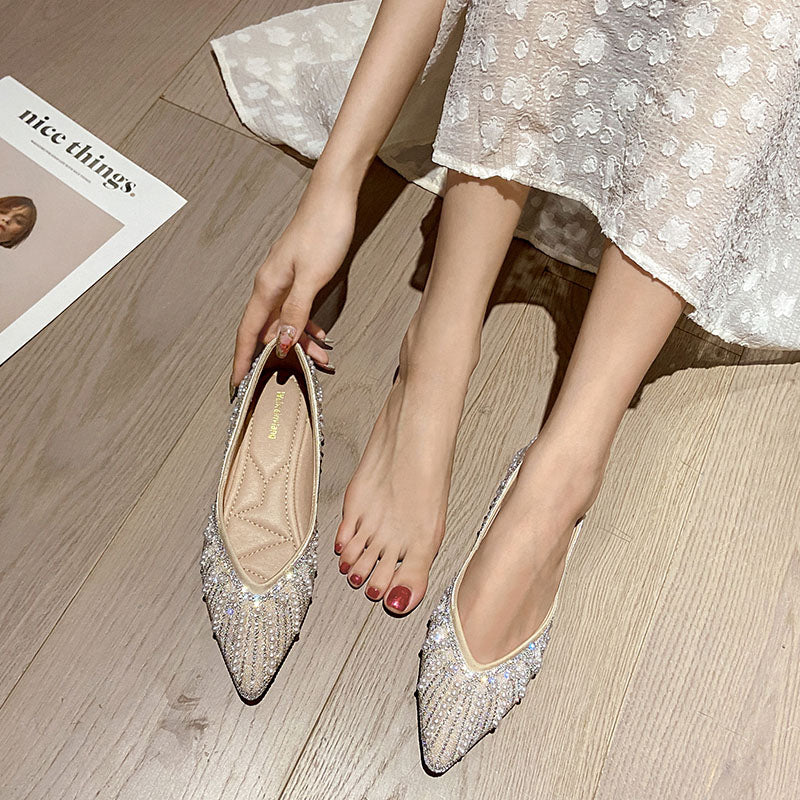 Women’s Luxury Pointed-Toe Rhinestone Low-Cut Flats | ZAKAPOP