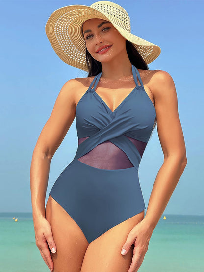 Women's New Solid Color Mesh One-Piece Swimwear | ZAKAPOP