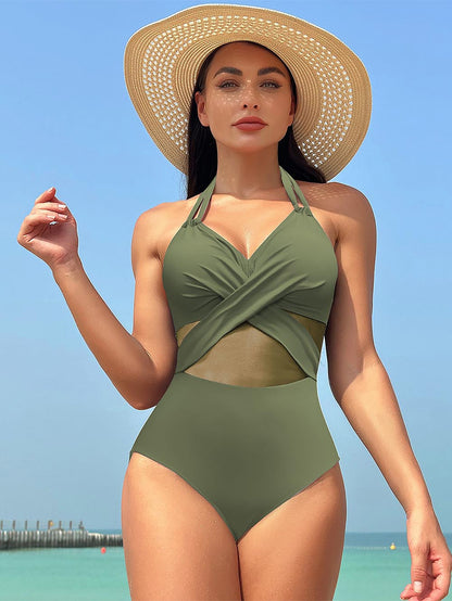 Women's New Solid Color Mesh One-Piece Swimwear | ZAKAPOP