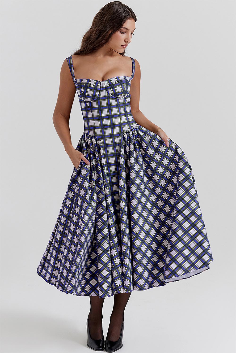 Women's Retro Pleated Check Midi Dress | ZAKAPOP