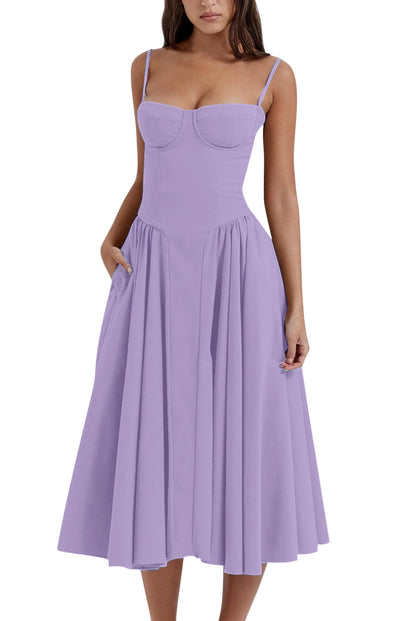 Women's Retro Pleated Solid Color Midi Dress | ZAKAPOP