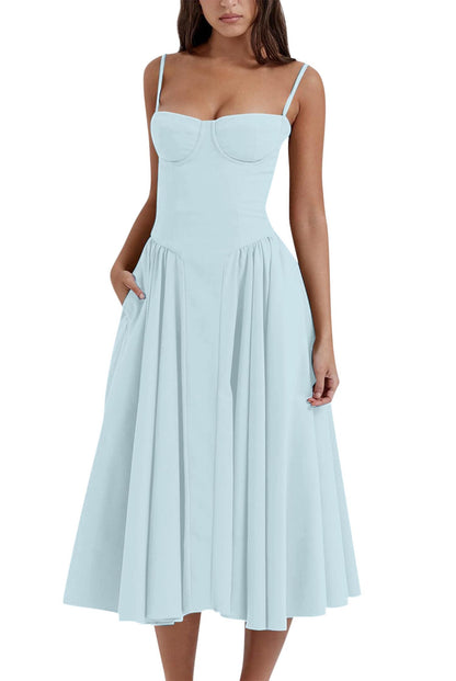 Women's Retro Pleated Solid Color Midi Dress | ZAKAPOP