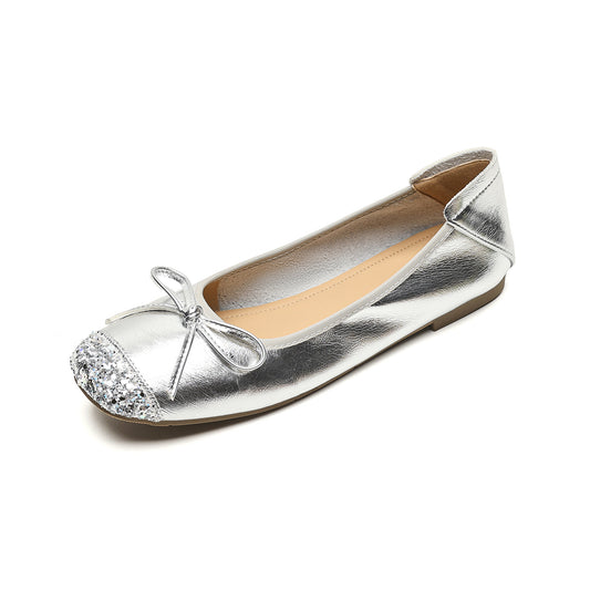 Women’s Silver Pointed-Toe Flat Bow Ballet Flats | ZAKAPOP