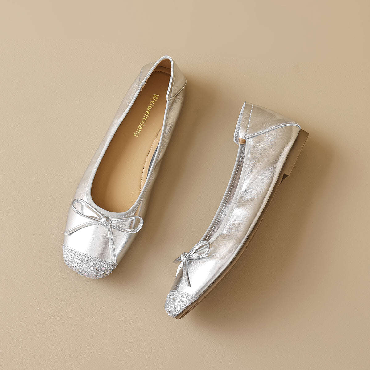 Women’s Silver Pointed-Toe Flat Bow Ballet Flats | ZAKAPOP