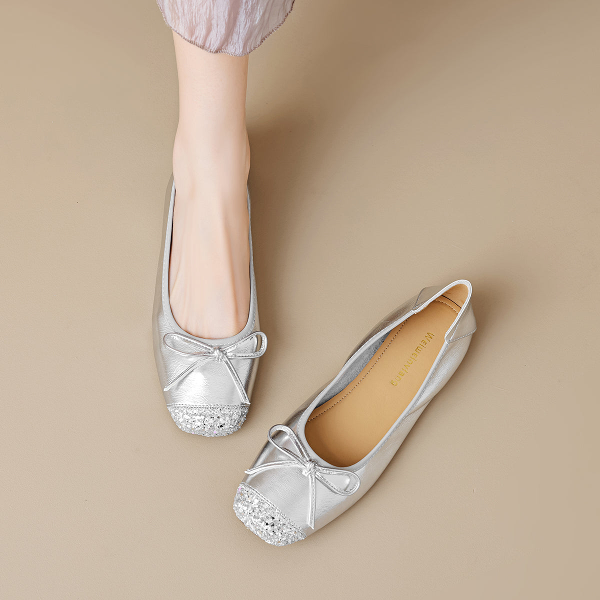 Women’s Silver Pointed-Toe Flat Bow Ballet Flats | ZAKAPOP