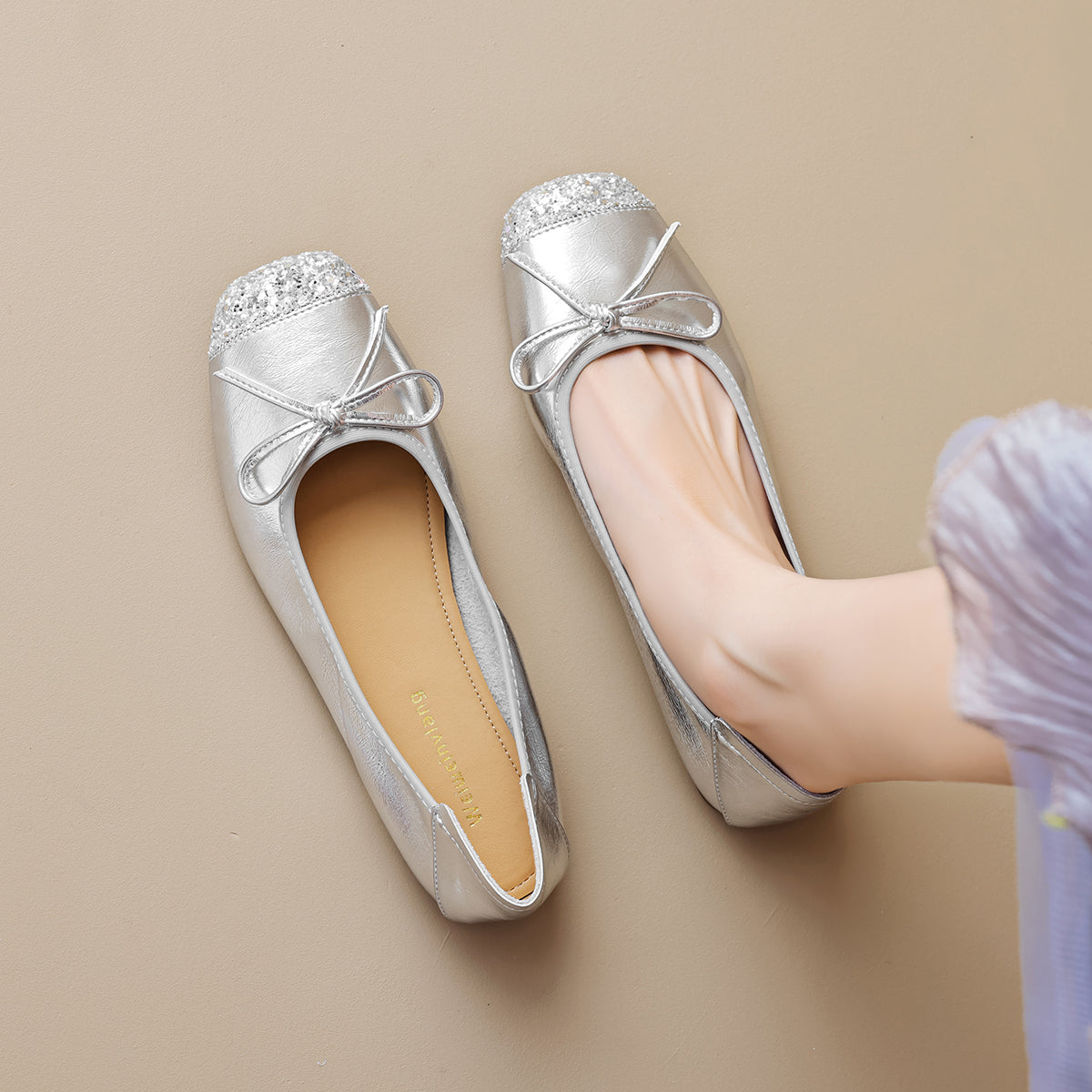 Women’s Silver Pointed-Toe Flat Bow Ballet Flats | ZAKAPOP