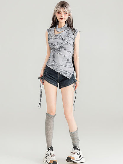 Y2K Slimming Faux Denim Print Tank Top | ZAKAPOP