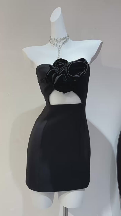 3D Floral Embellished Sexy Strapless Backless Mini Dress - Black | ZAKAPOP