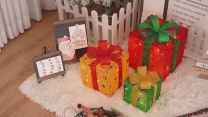 3 Pieces Foldable Christmas Decorations Lighted Gift Boxes with Multi-Color String Lights | ZAKAPOP